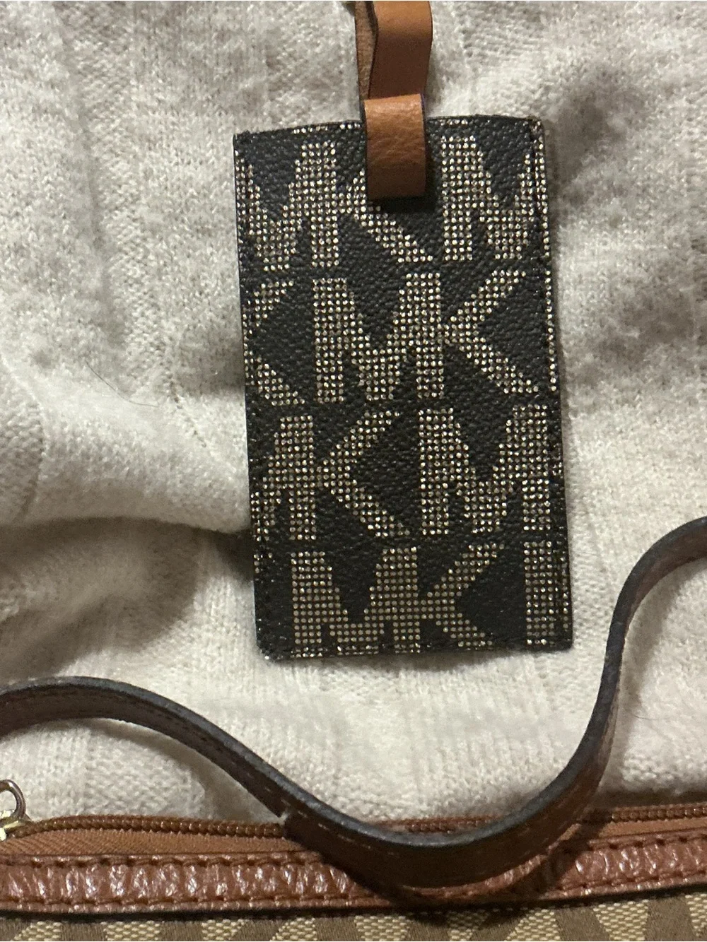 Michael Kors Tan and Brown MK Logo wristlet and luggage tag